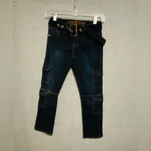 V.I.P. Jeans Girls Size 10 Dark Wash Skinny Cargo Pants with Grommet Belt Y2K